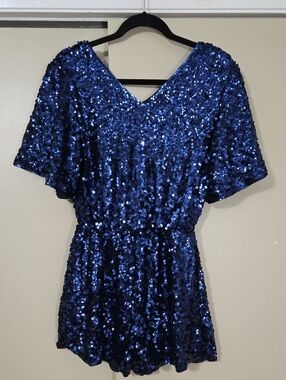 Maner Royal Blue Sequin V-Neck Romper Size Small NWT